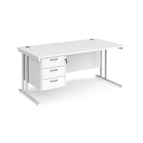 Maestro 25 straight desk 1600mm x 800mm with 3 drawer pedestal white cantilever leg frame white top - MC16P3WHWH
