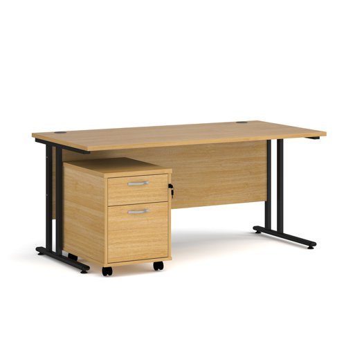 Maestro 25 straight desk 1600mm x 800mm with black cantilever frame and 2 drawer pedestal oak - SBK216O