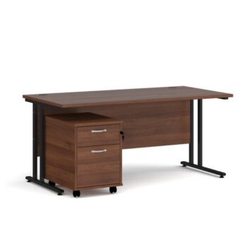 Maestro 25 straight desk 1600mm x 800mm with black cantilever frame and 2 drawer pedestal walnut - SBK216W