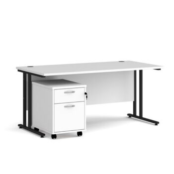 Maestro 25 straight desk 1600mm x 800mm with black cantilever frame and 2 drawer pedestal white - SBK216WH