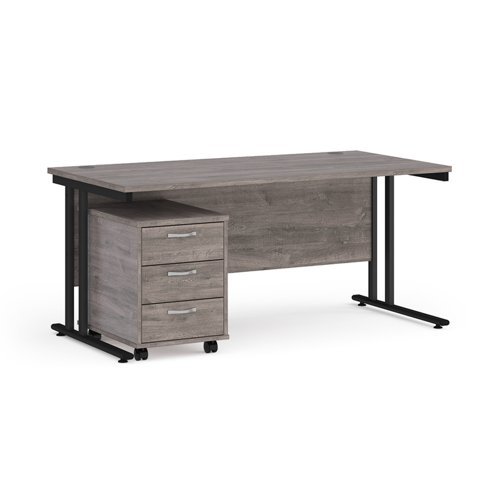 Maestro 25 straight desk 1600mm x 800mm with black cantilever frame and 3 drawer pedestal grey oak - SBK316GO
