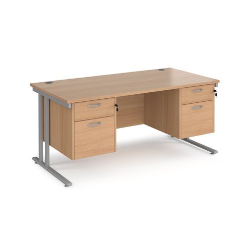 Maestro 25 straight desk 1600mm x 800mm with two x 2 drawer pedestals silver cantilever leg frame beech top - MC16P22SB