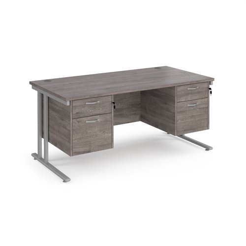 Maestro 25 straight desk 1600mm x 800mm with two x 2 drawer pedestals silver cantilever leg frame grey oak top - MC16P22SGO