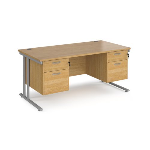 Maestro 25 straight desk 1600mm x 800mm with two x 2 drawer pedestals silver cantilever leg frame oak top - MC16P22SO