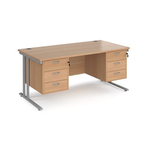 Maestro 25 straight desk 1600mm x 800mm with two x 3 drawer pedestals silver cantilever leg frame beech top - MC16P33SB