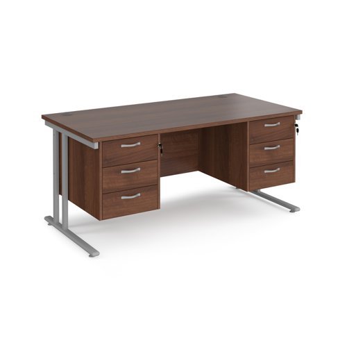 Maestro 25 straight desk 1600mm x 800mm with two x 3 drawer pedestals silver cantilever leg frame walnut top - MC16P33SW