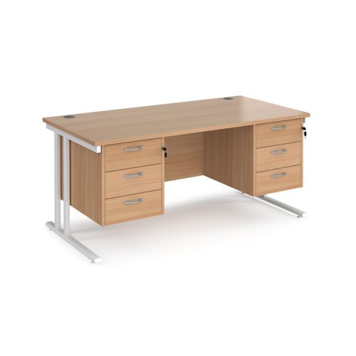 Maestro 25 straight desk 1600mm x 800mm with two x 3 drawer pedestals white cantilever leg frame beech top - MC16P33WHB