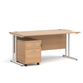 Maestro 25 straight desk 1600mm x 800mm with white cantilever frame and 2 drawer pedestal beech - SBWH216B