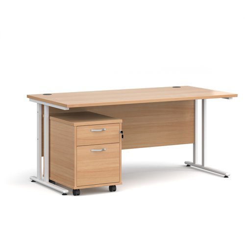 Maestro 25 straight desk 1600mm x 800mm with white cantilever frame and 2 drawer pedestal beech - SBWH216B