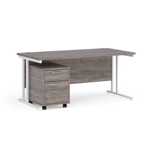 Maestro 25 straight desk 1600mm x 800mm with white cantilever frame and 2 drawer pedestal grey oak - SBWH216GO