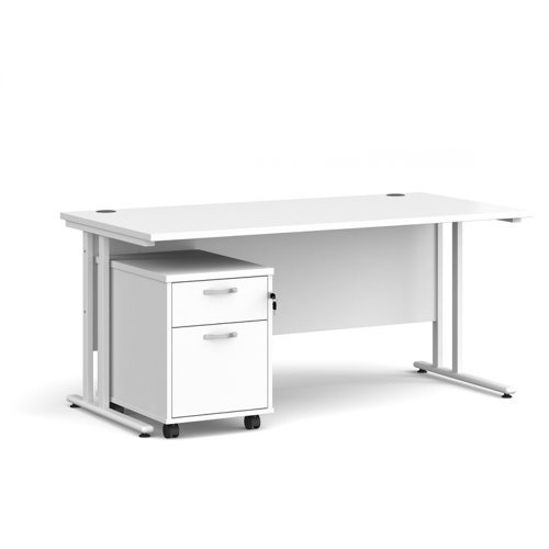 Maestro 25 straight desk 1600mm x 800mm with white cantilever frame and 2 drawer pedestal white - SBWH216WH