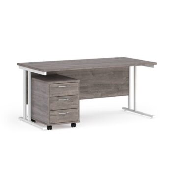 Maestro 25 straight desk 1600mm x 800mm with white cantilever frame and 3 drawer pedestal grey oak - SBWH316GO