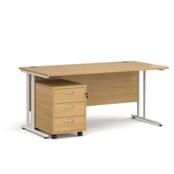 Maestro 25 straight desk 1600mm x 800mm with white cantilever frame and 3 drawer pedestal oak - SBWH316O
