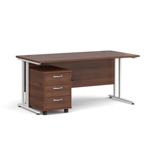 Maestro 25 straight desk 1600mm x 800mm with white cantilever frame and 3 drawer pedestal walnut - SBWH316W