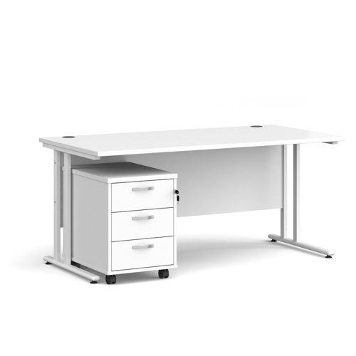 Maestro 25 straight desk 1600mm x 800mm with white cantilever frame and 3 drawer pedestal white - SBWH316WH
