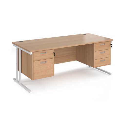 Maestro 25 straight desk 1800mm x 800mm with 2 and 3 drawer pedestals white cantilever leg frame beech top - MC18P23WHB