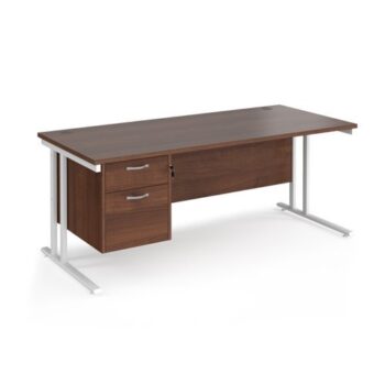 Maestro 25 straight desk 1800mm x 800mm with 2 drawer pedestal white cantilever leg frame walnut top - MC18P2WHW