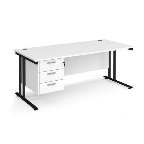 Maestro 25 straight desk 1800mm x 800mm with 3 drawer pedestal black cantilever leg frame white top - MC18P3KWH