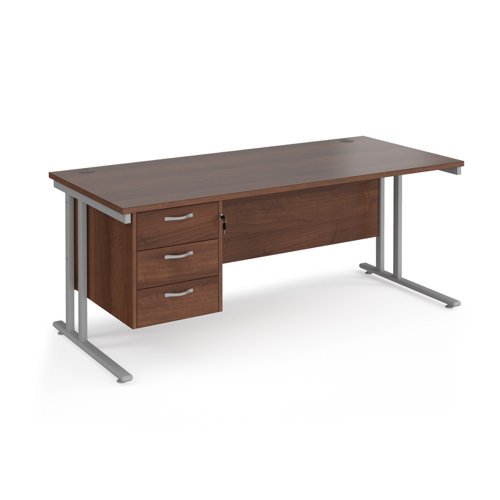 Maestro 25 straight desk 1800mm x 800mm with 3 drawer pedestal silver cantilever leg frame walnut top - MC18P3SW