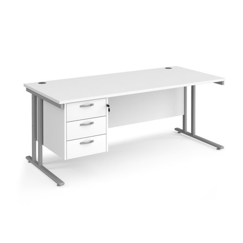 Maestro 25 straight desk 1800mm x 800mm with 3 drawer pedestal silver cantilever leg frame white top - MC18P3SWH