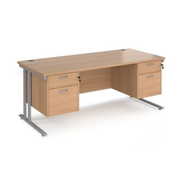 Maestro 25 straight desk 1800mm x 800mm with two x 2 drawer pedestals silver cantilever leg frame beech top - MC18P22SB