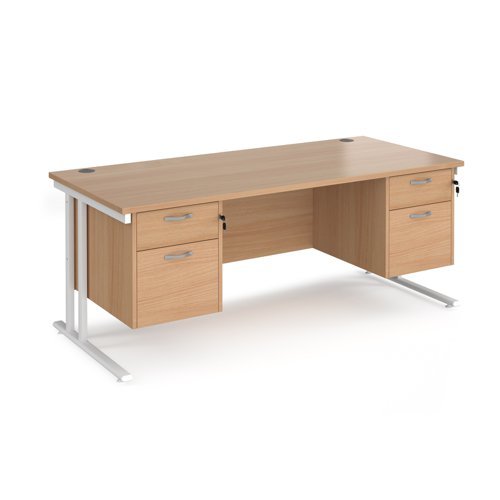 Maestro 25 straight desk 1800mm x 800mm with two x 2 drawer pedestals white cantilever leg frame beech top - MC18P22WHB