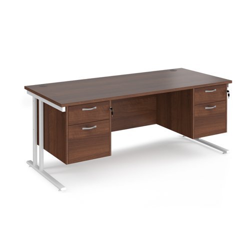 Maestro 25 straight desk 1800mm x 800mm with two x 2 drawer pedestals white cantilever leg frame walnut top - MC18P22WHW