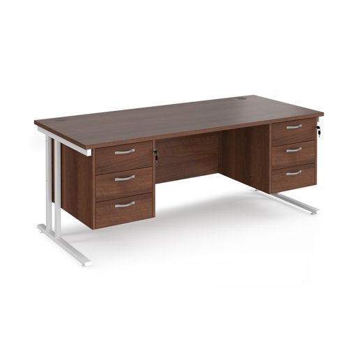 Maestro 25 straight desk 1800mm x 800mm with two x 3 drawer pedestals white cantilever leg frame walnut top - MC18P33WHW