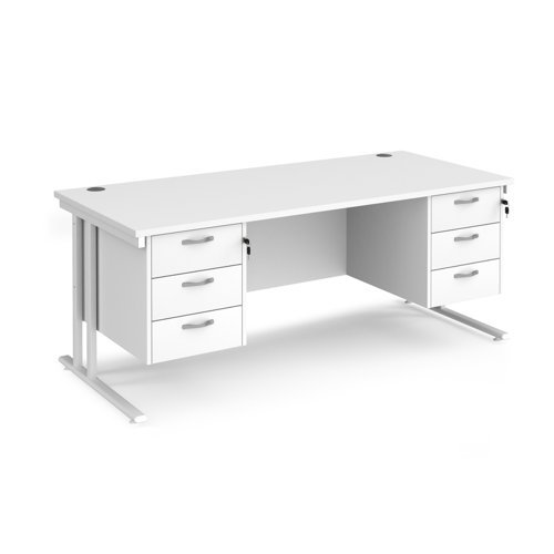 Maestro 25 straight desk 1800mm x 800mm with two x 3 drawer pedestals white cantilever leg frame white top - MC18P33WHWH