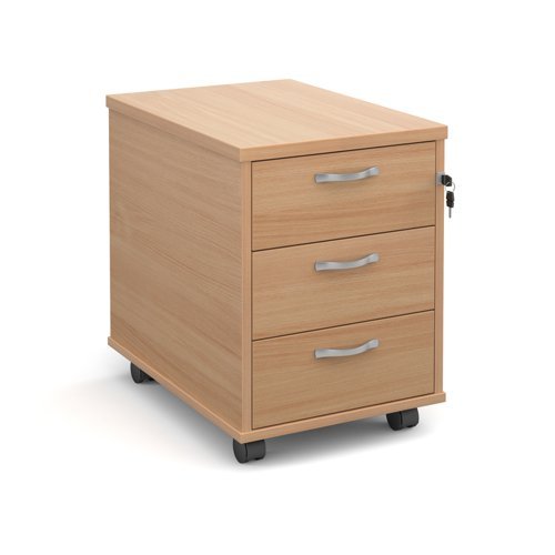 Mobile 3 drawer pedestal with silver handles 600mm deep beech - R3MB