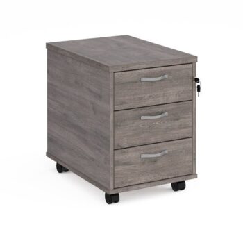 Mobile 3 drawer pedestal with silver handles 600mm deep grey oak - R3MGO