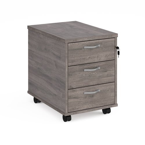 Mobile 3 drawer pedestal with silver handles 600mm deep grey oak - R3MGO