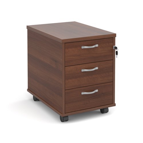 Mobile 3 drawer pedestal with silver handles 600mm deep walnut - R3MW