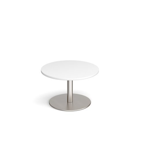 Monza circular coffee table with flat round brushed steel base 800mm white - MCC800-BS-WH
