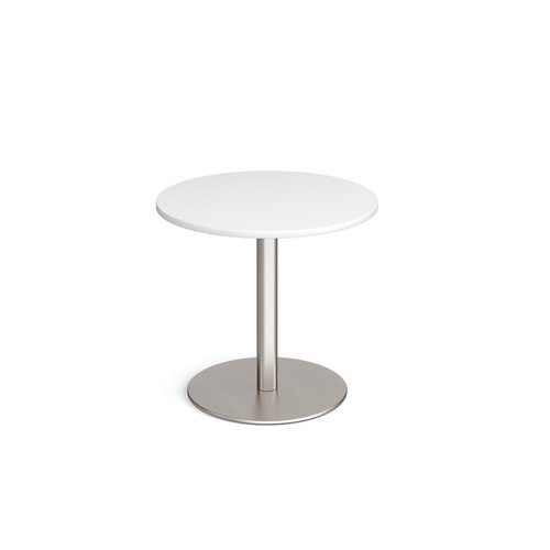 Monza circular dining table with flat round brushed steel base 800mm white - MDC800-BS-WH