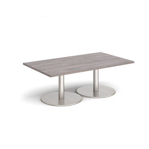 Monza rectangular coffee table with flat round brushed steel bases 1400mm x 800mm grey oak - MCR1400-BS-GO