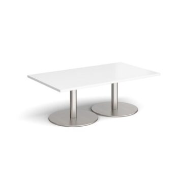 Monza rectangular coffee table with flat round brushed steel bases 1400mm x 800mm white - MCR1400-BS-WH