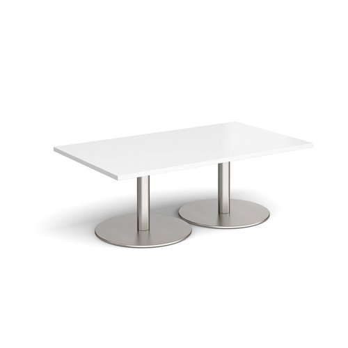 Monza rectangular coffee table with flat round brushed steel bases 1400mm x 800mm white - MCR1400-BS-WH