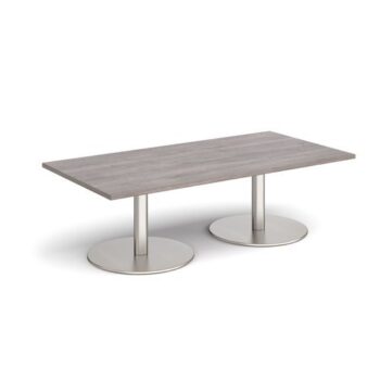 Monza rectangular coffee table with flat round brushed steel bases 1600mm x 800mm grey oak - MCR1600-BS-GO