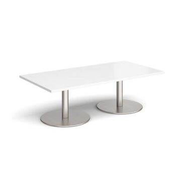 Monza rectangular coffee table with flat round brushed steel bases 1600mm x 800mm white - MCR1600-BS-WH