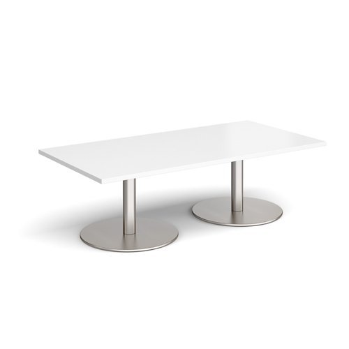 Monza rectangular coffee table with flat round brushed steel bases 1600mm x 800mm white - MCR1600-BS-WH