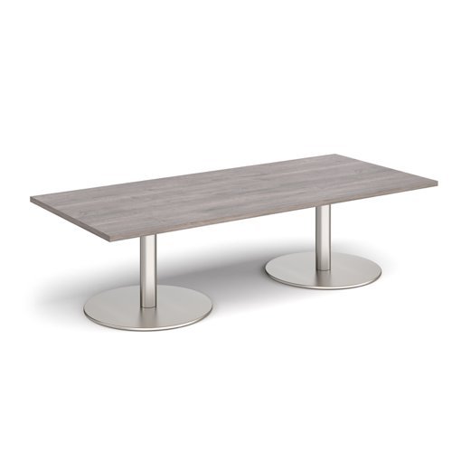 Monza rectangular coffee table with flat round brushed steel bases 1800mm x 800mm grey oak - MCR1800-BS-GO