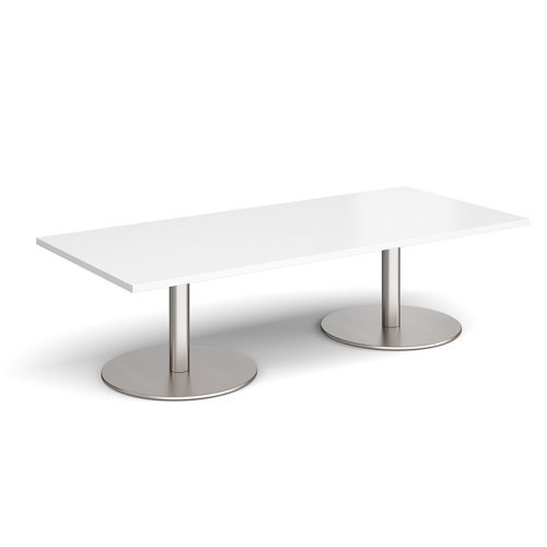 Monza rectangular coffee table with flat round brushed steel bases 1800mm x 800mm white - MCR1800-BS-WH
