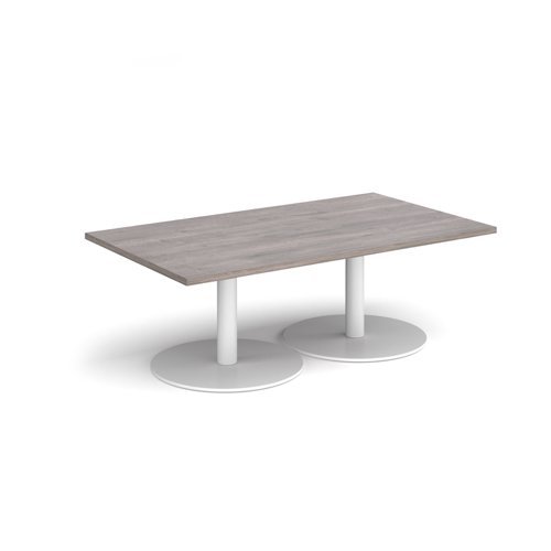 Monza rectangular coffee table with flat round white bases 1400mm x 800mm grey oak - MCR1400-WH-GO