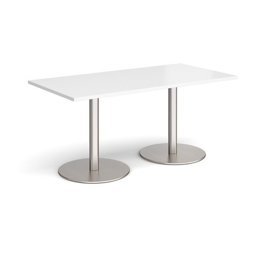 Monza rectangular dining table with flat round brushed steel bases 1600mm x 800mm white - MDR1600-BS-WH