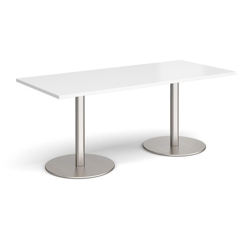 Monza rectangular dining table with flat round brushed steel bases 1800mm x 800mm white - MDR1800-BS-WH