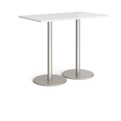 Monza rectangular poseur table with flat round brushed steel bases 1400mm x 800mm white - MPR1400-BS-WH