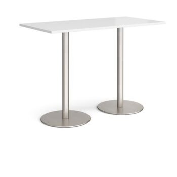 Monza rectangular poseur table with flat round brushed steel bases 1600mm x 800mm white - MPR1600-BS-WH