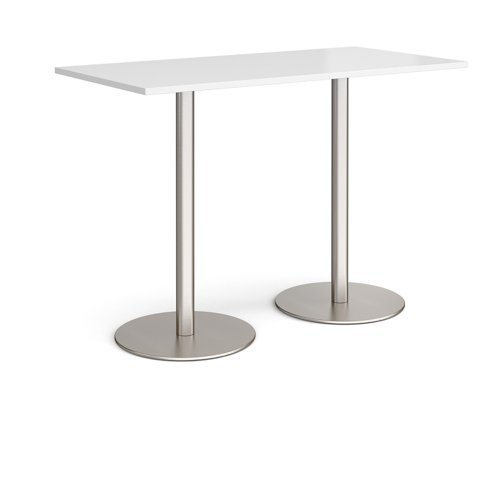 Monza rectangular poseur table with flat round brushed steel bases 1600mm x 800mm white - MPR1600-BS-WH
