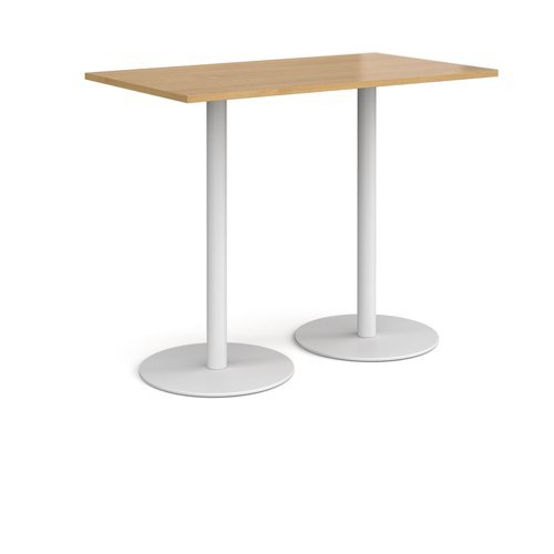 Monza rectangular poseur table with flat round white bases 1400mm x 800mm oak - MPR1400-WH-O
